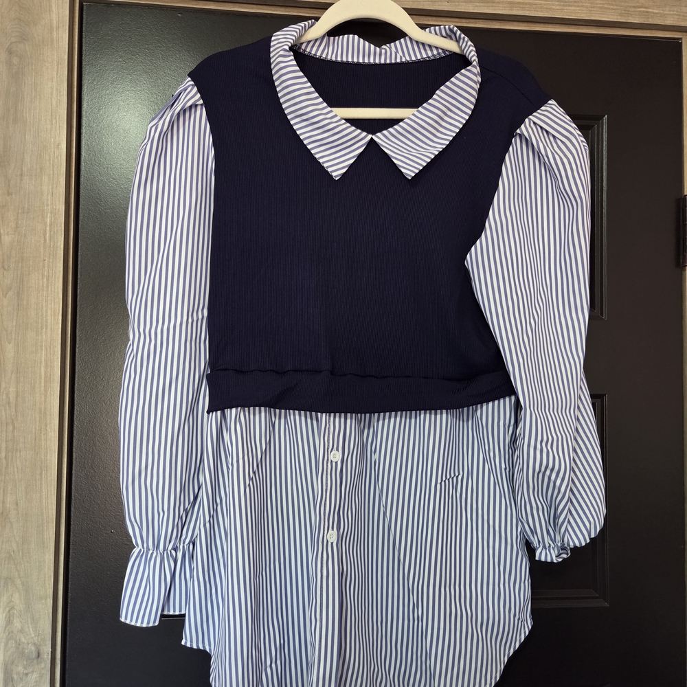 Striped Blue and White Collared Blouse